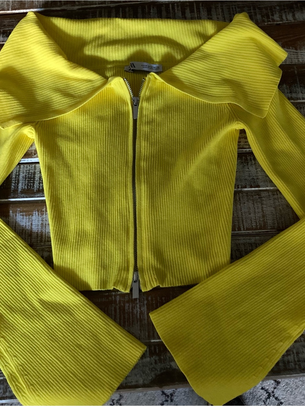 Zara Yellow Off-the-Shoulder Ribbed Zip Sweater